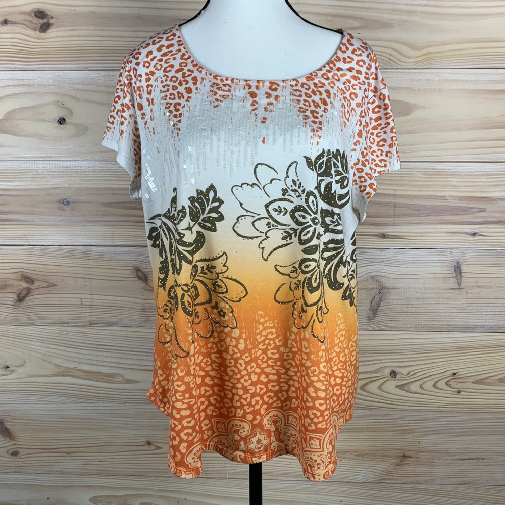 Chicos Top Women 2 Large Orange Ombre Leopard Floral Sequin Short Sleeve Blouse